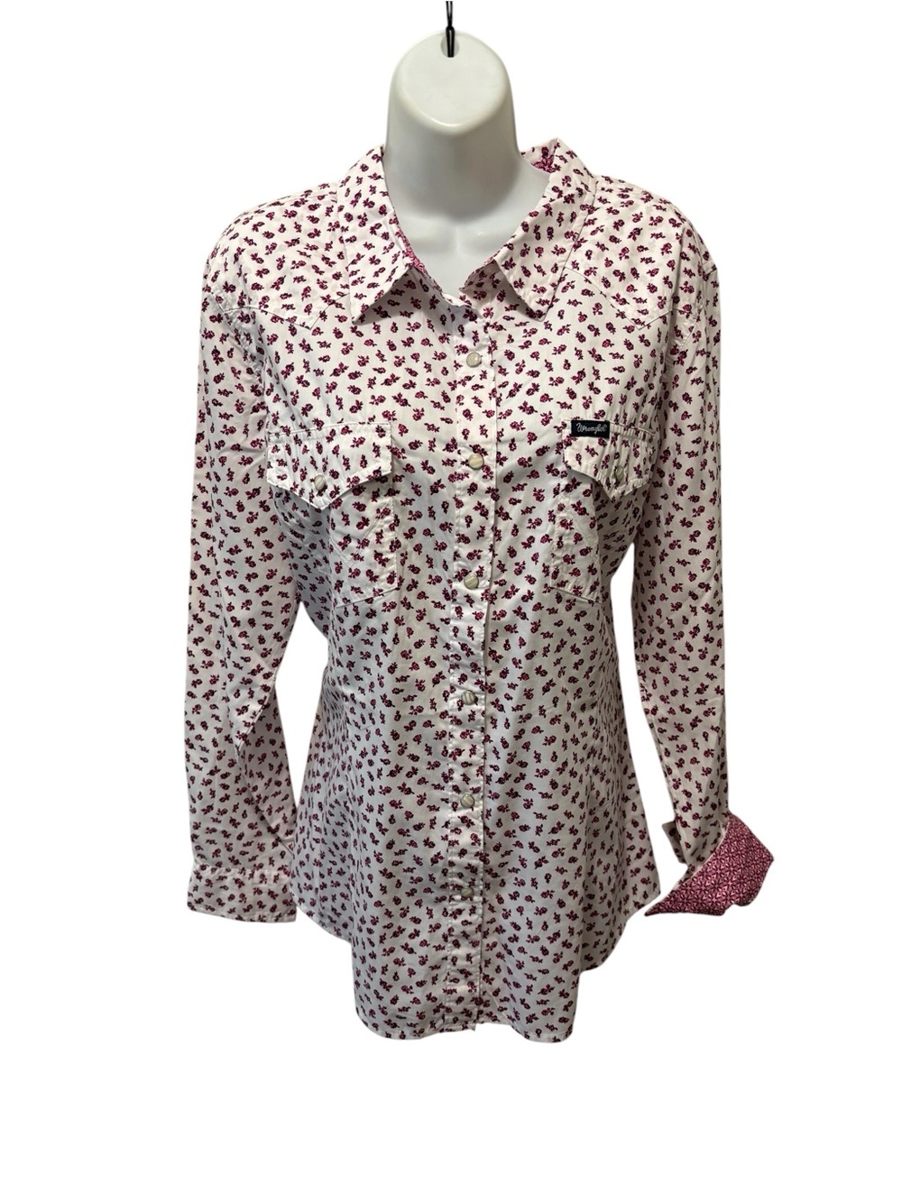 Wrangler Retro Western Blouse Sz XL Ditsy Berry Floral Contrast Cuff Pearl Snaps